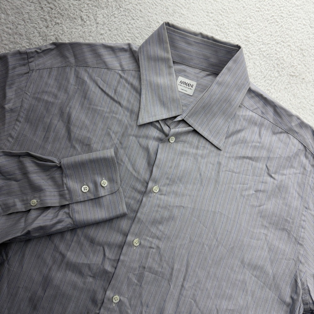 Armani Collezioni Mens Grey Blue Micro Pinstripe Cotton Dress Shirt Italy 17 L